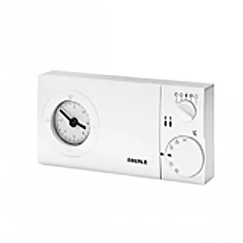 Weißer Raumtemperaturregler von Daikin mit analogem Ziffernblatt und Einstellknöpfen zur Regelung der Temperatur und Zeit.